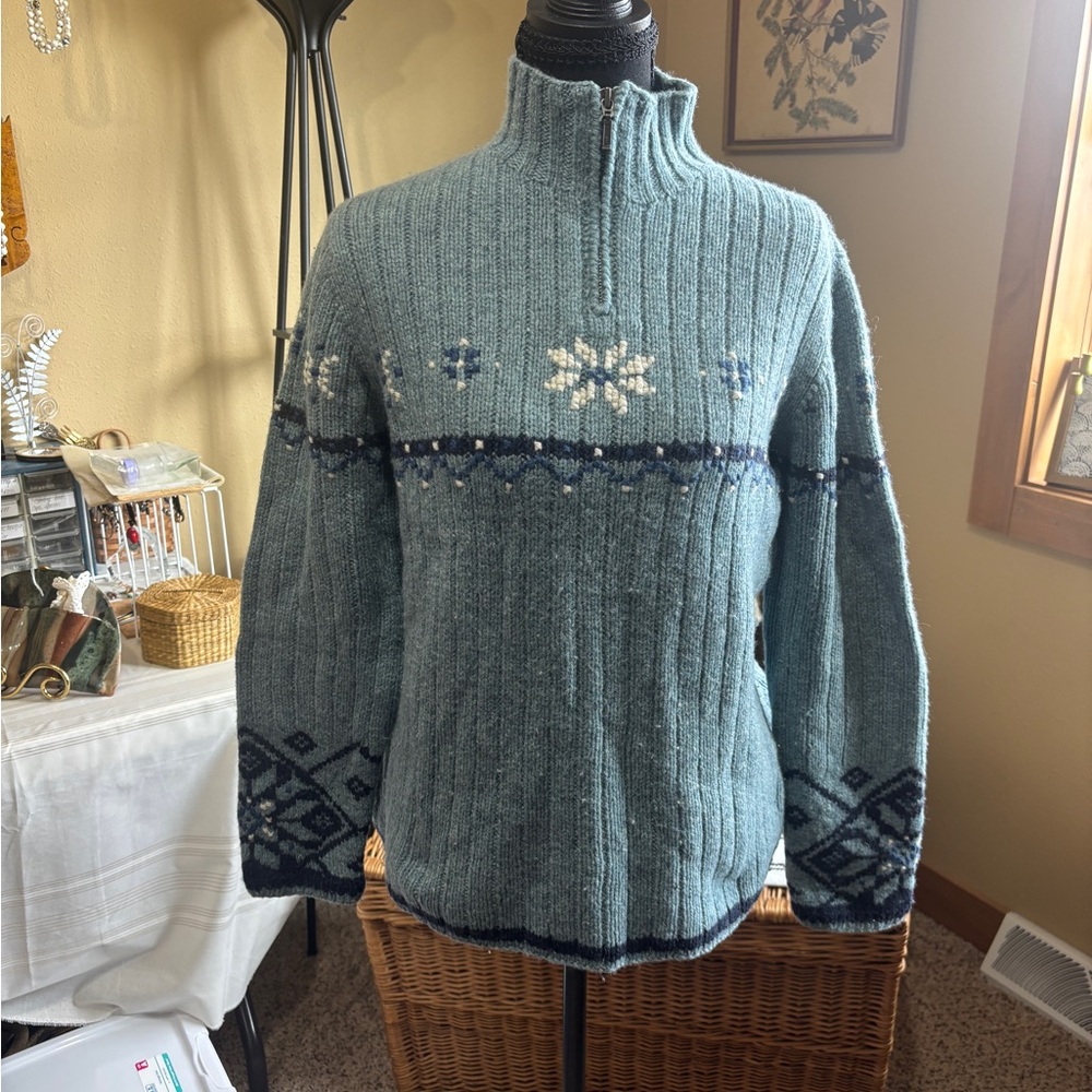 Lands' End Seafoam Blue Ribbed Wool Half-Zip Sweater